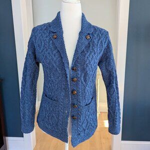 Hand Knit Women's Cable Knit Blazer Cardigan Sweater XS Denim Blue